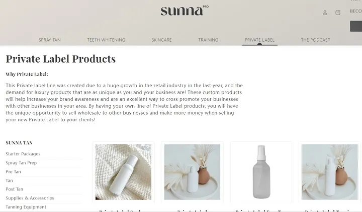 Website section for private label products by Sunna including product images and description.